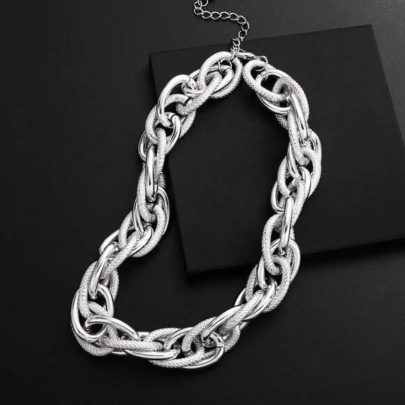 Chunky Choker Silver Necklace - Cuban Link Chain Double O Link Necklaces Hip-hop - Picture 6 of 8